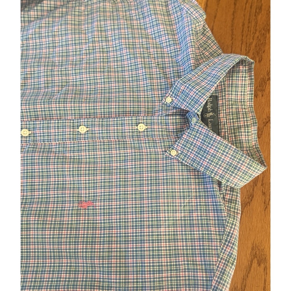 Ralph Lauren Shirt Mens XL Blue Pink Plaid Pony Casual Button Up Long Sleeve